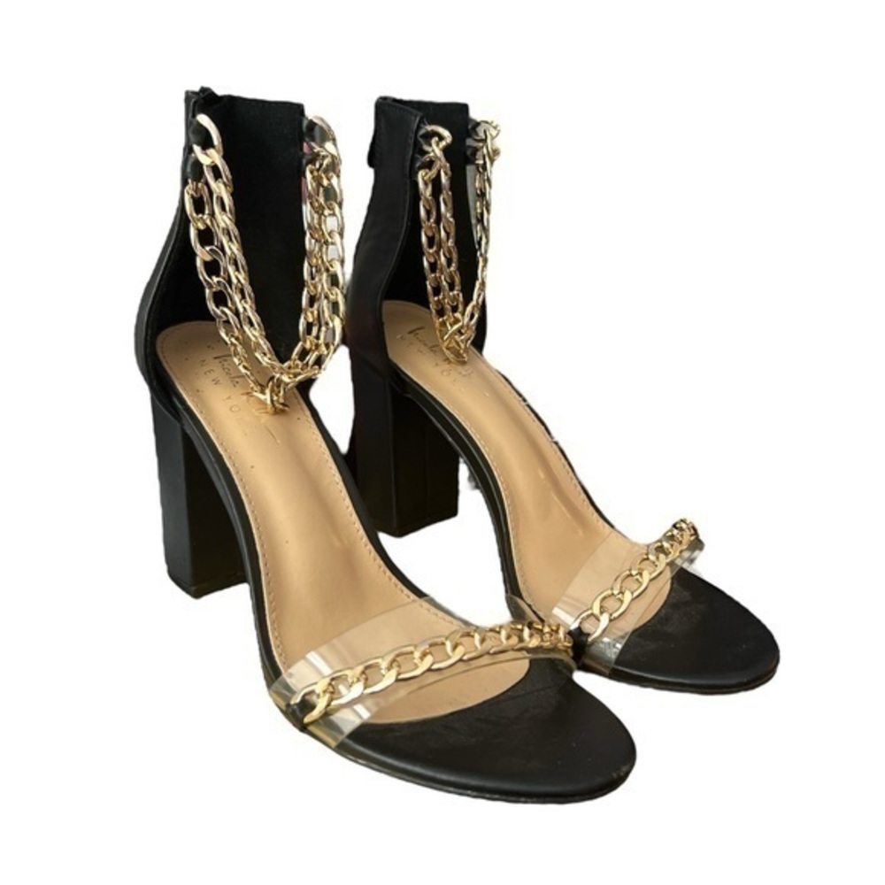 NICOLE MILLER Round Open Toe Pumps with Gold Ankle Chain Strap